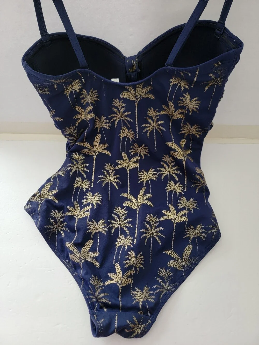 Boden  Navy Blue Gold Foil Palm Tree One Piece Swimsuit Halter Keyhole Sz 10
